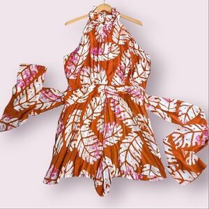 Nicole Miller Orange Rayon Tropical Print Halter Tie Waist Romper Size L